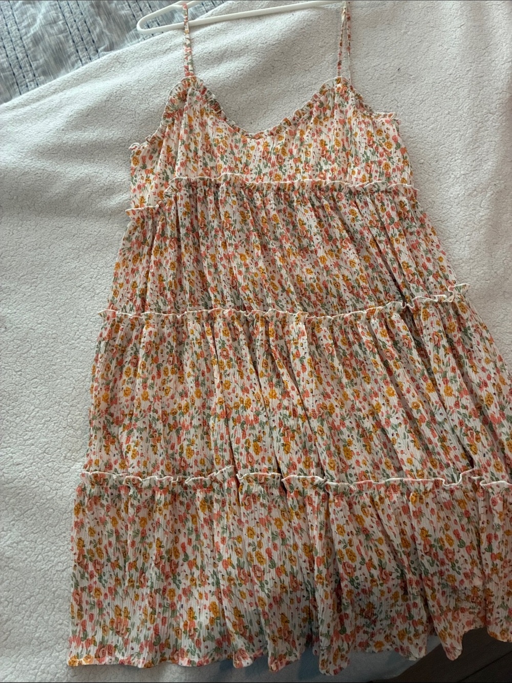 Tiered Spaghetti-Strap Floral Sundress in Cream with Pink & Orange